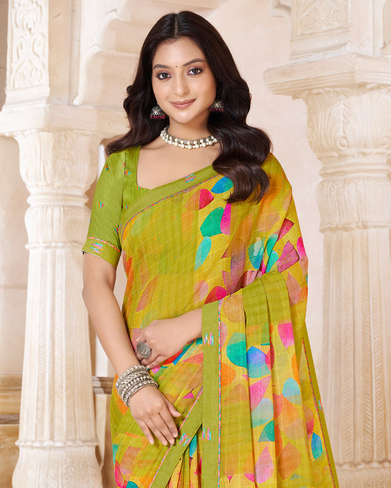 Vishal Prints Olive Yellow Printed Patterned Georgette Saree With Fancy Border