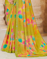 Vishal Prints Olive Yellow Printed Patterned Georgette Saree With Fancy Border