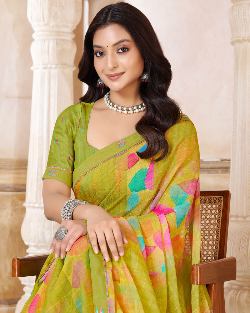 Vishal Prints Olive Yellow Printed Patterned Georgette Saree With Fancy Border