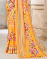 Vishal Prints Pastel Yellow Printed Patterned Georgette Saree With Fancy Border