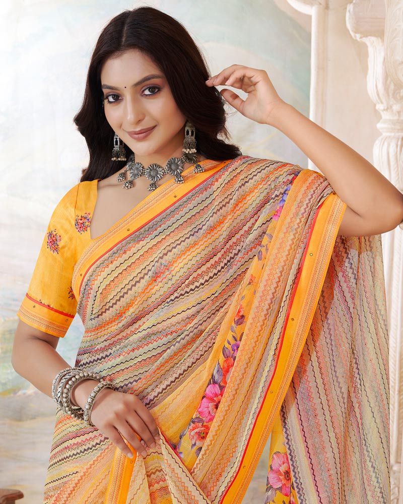 Vishal Prints Pastel Yellow Printed Patterned Georgette Saree With Fancy Border