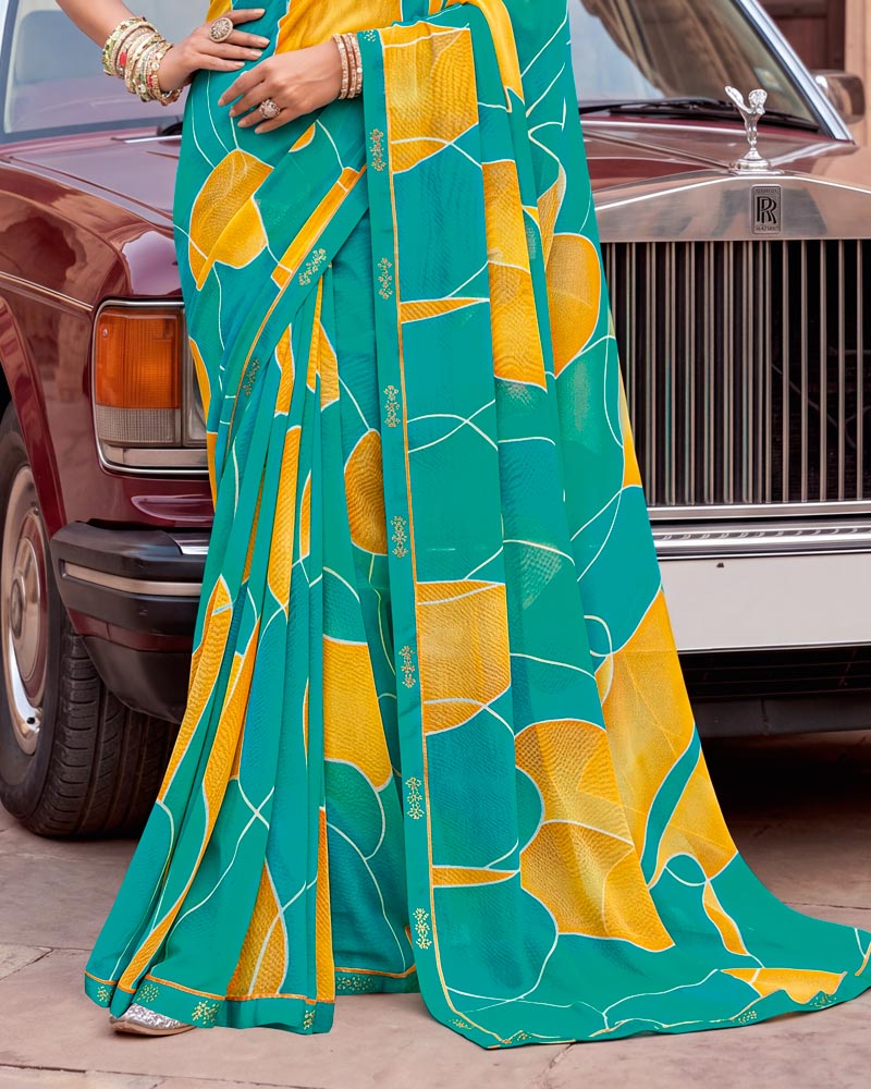 Vishal Prints Persian Green Printed Georgette Saree With Fancy Border