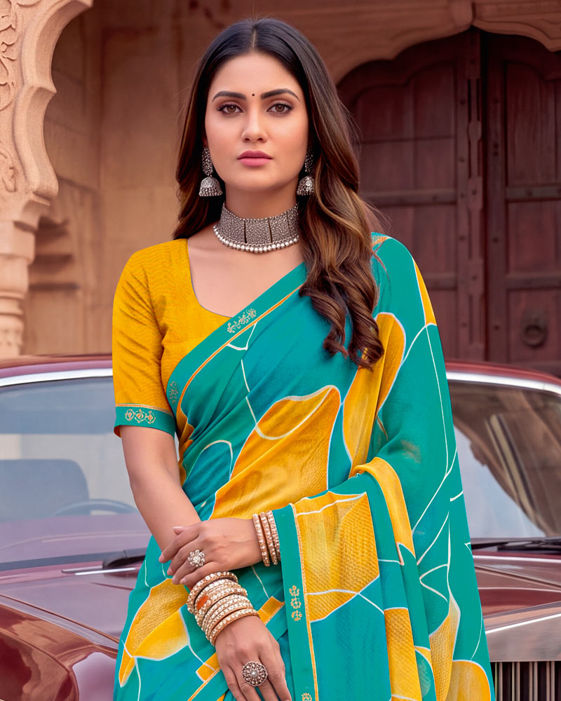 Vishal Prints Persian Green Printed Georgette Saree With Fancy Border