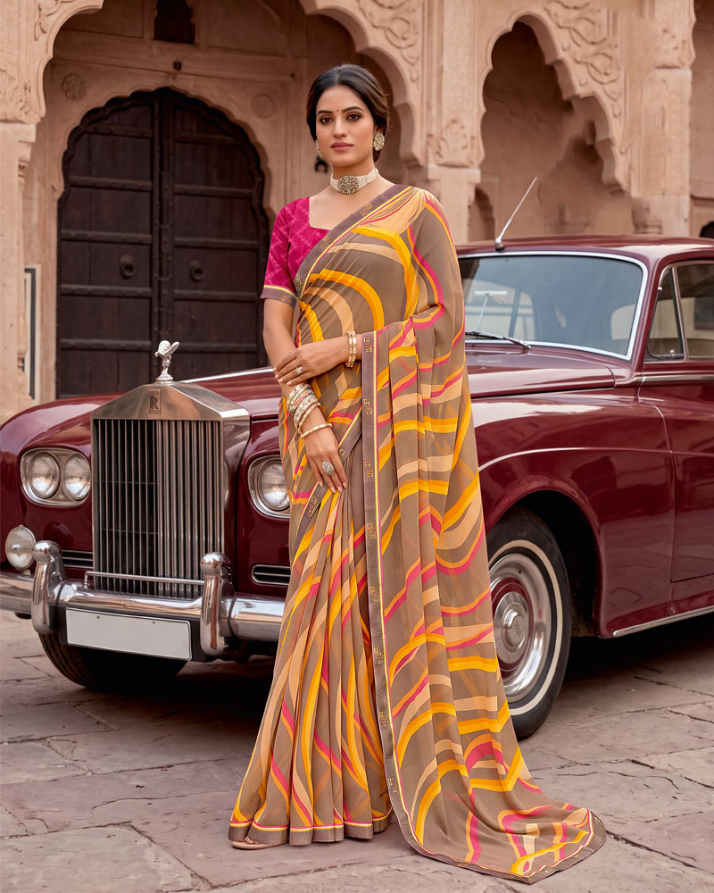Vishal Prints Pale Brown Printed Georgette Saree With Fancy Border
