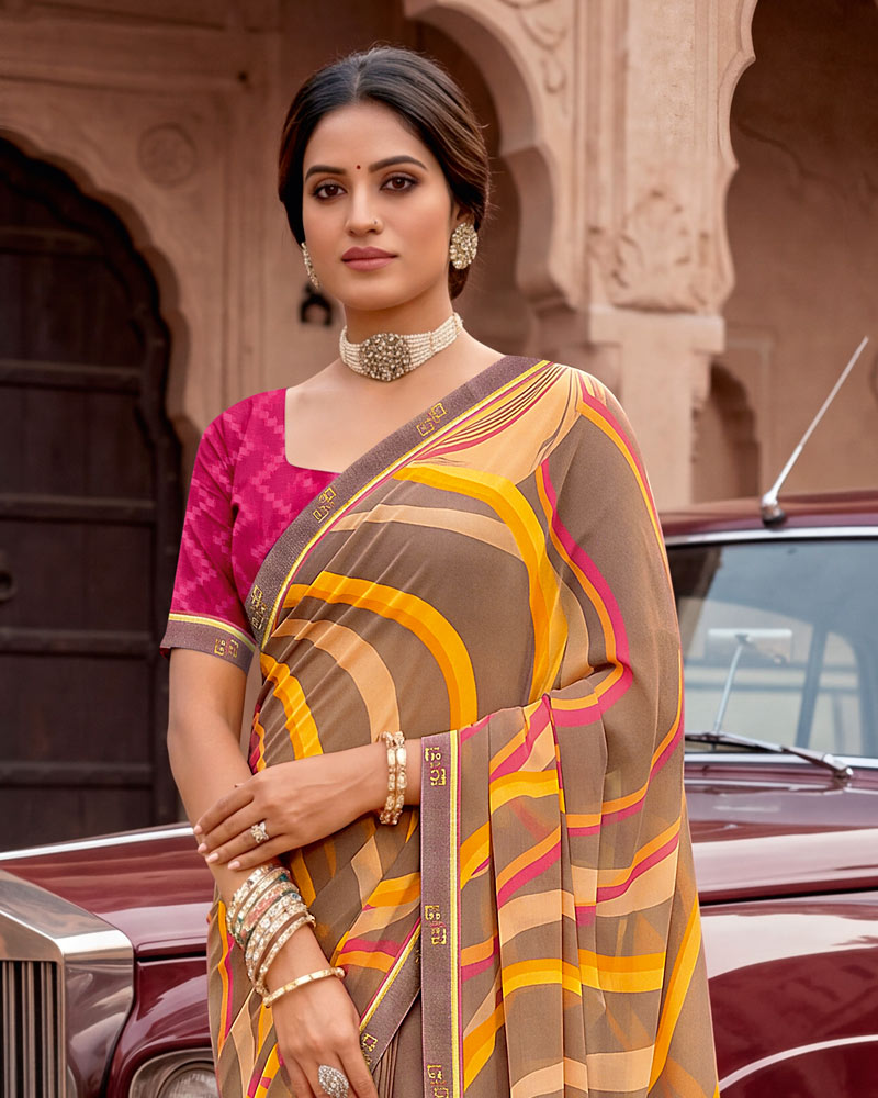 Vishal Prints Pale Brown Printed Georgette Saree With Fancy Border