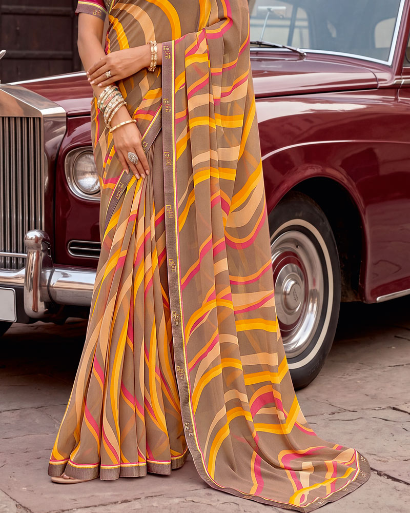 Vishal Prints Pale Brown Printed Georgette Saree With Fancy Border