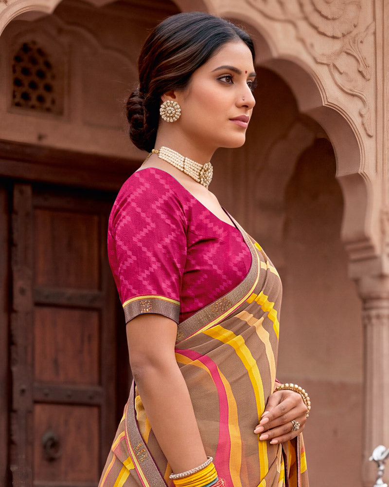 Vishal Prints Pale Brown Printed Georgette Saree With Fancy Border
