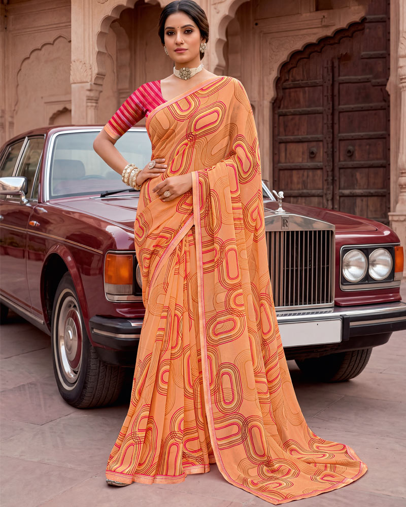 Vishal Prints Salmon Orange Printed Georgette Saree With Fancy Border