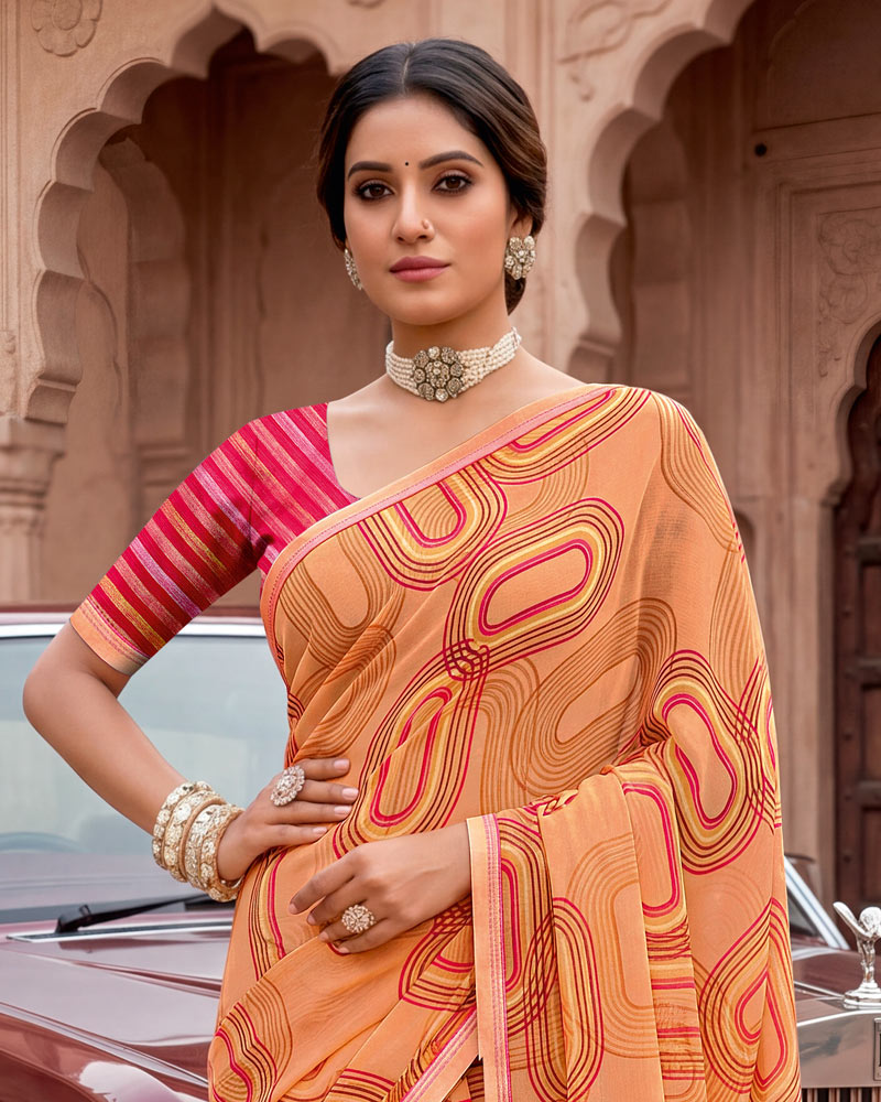 Vishal Prints Salmon Orange Printed Georgette Saree With Fancy Border