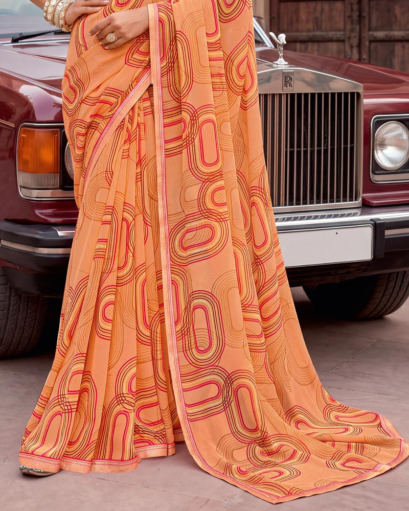 Vishal Prints Salmon Orange Printed Georgette Saree With Fancy Border