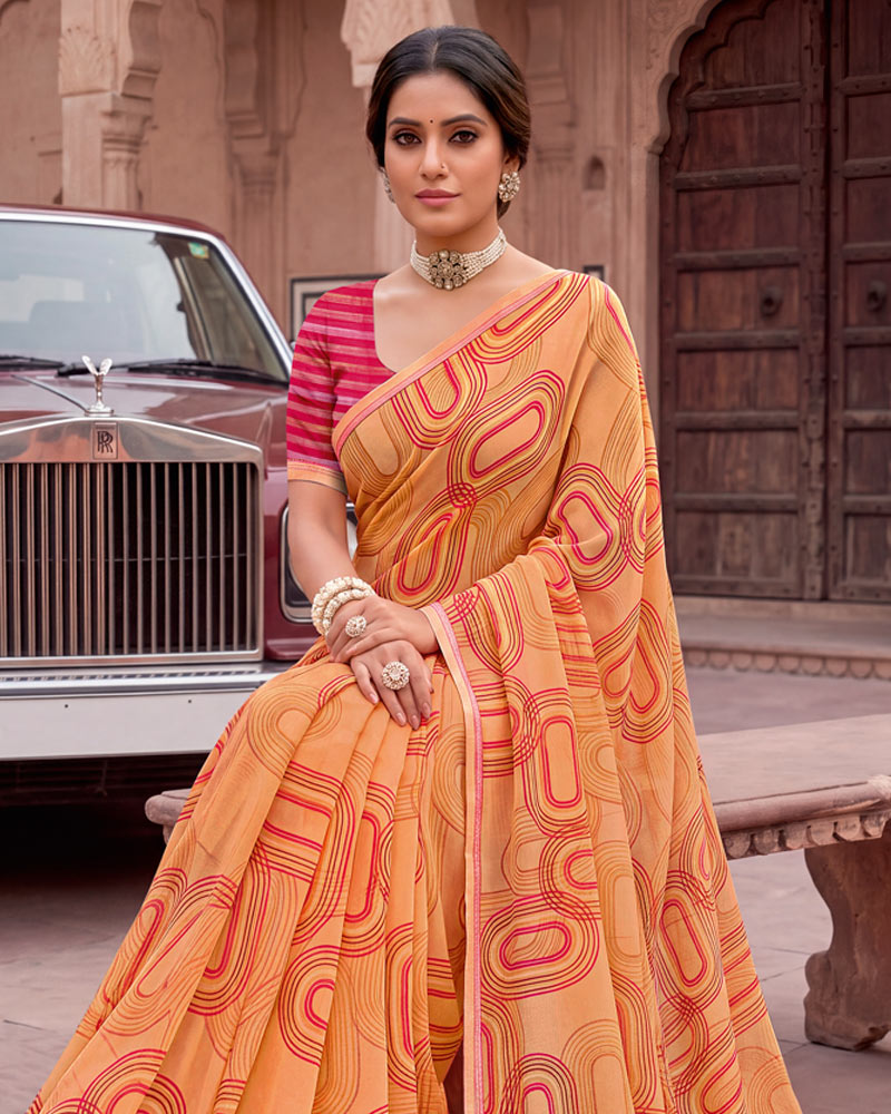 Vishal Prints Salmon Orange Printed Georgette Saree With Fancy Border