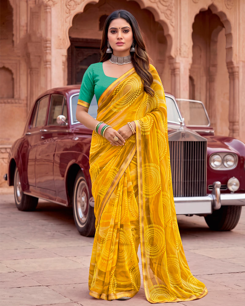 Vishal Prints Mustard Yellow Printed Georgette Saree With Fancy Border