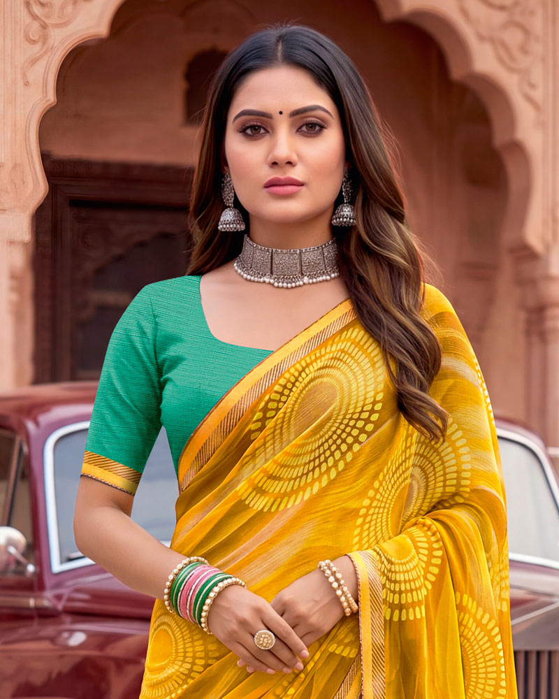 Vishal Prints Mustard Yellow Printed Georgette Saree With Fancy Border