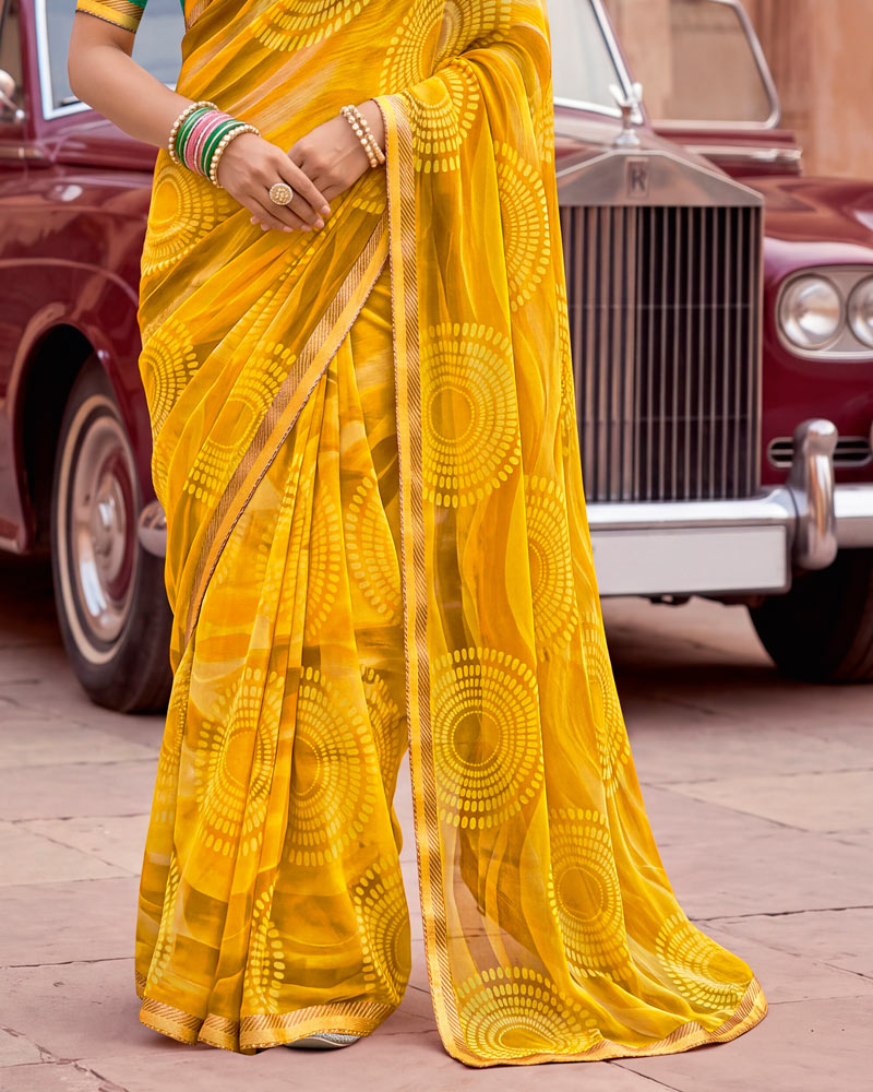 Vishal Prints Mustard Yellow Printed Georgette Saree With Fancy Border