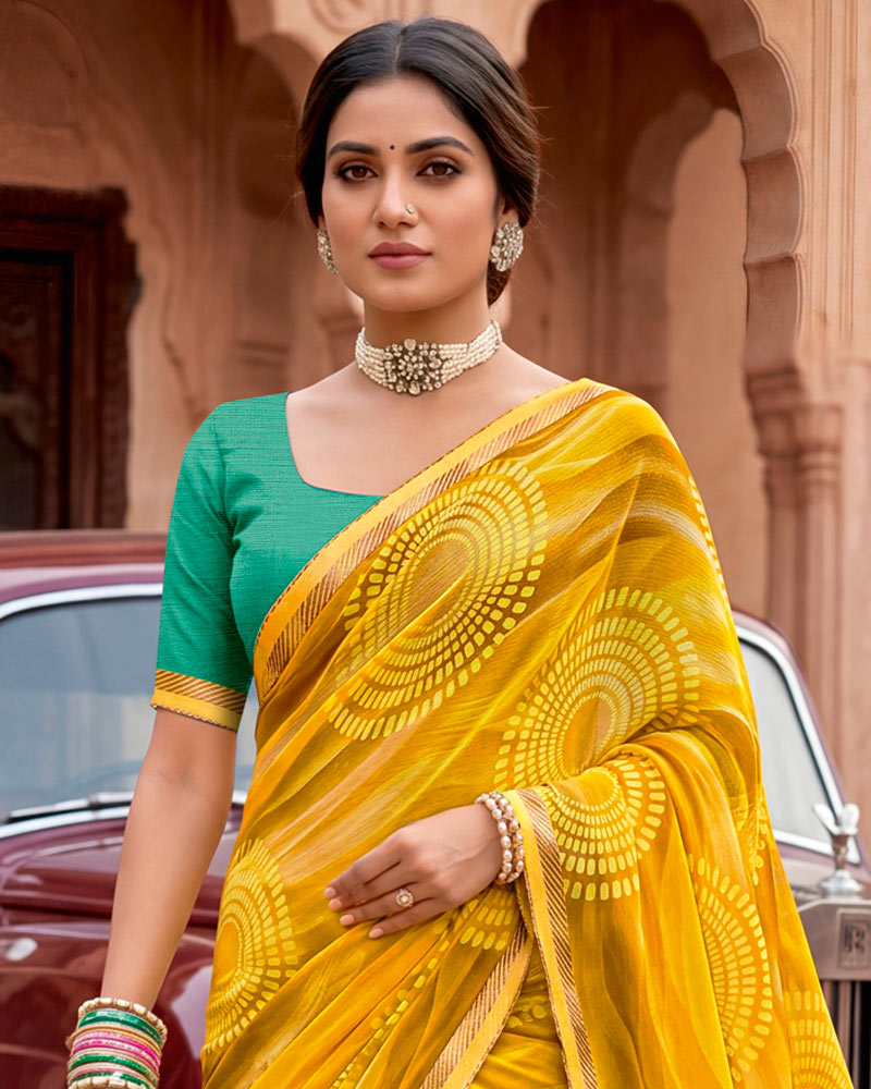 Vishal Prints Mustard Yellow Printed Georgette Saree With Fancy Border