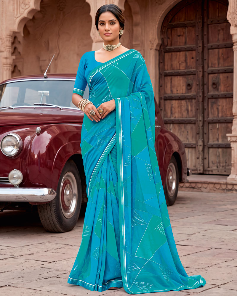 Vishal Prints Persian Green And Pacific Blue Printed Georgette Saree With Fancy Border