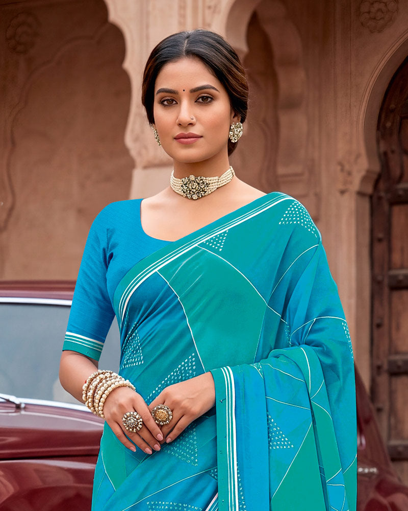 Vishal Prints Persian Green And Pacific Blue Printed Georgette Saree With Fancy Border