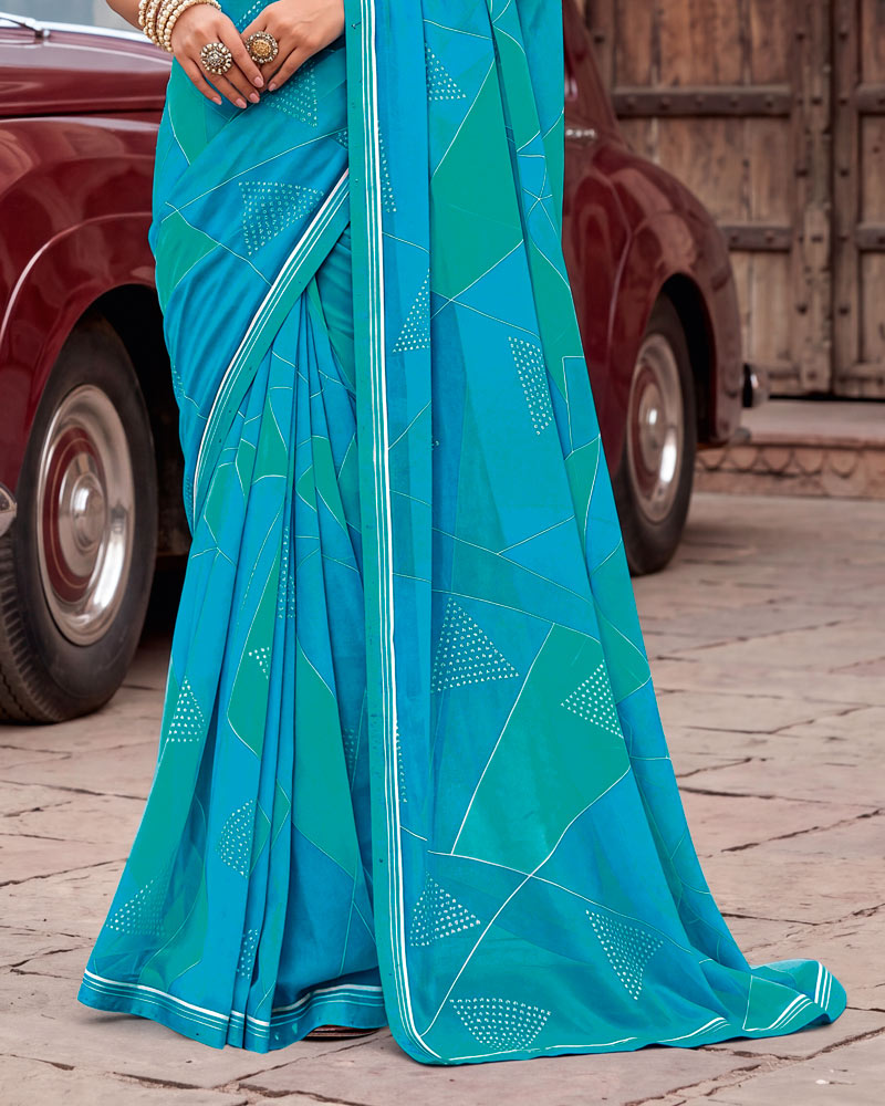 Vishal Prints Persian Green And Pacific Blue Printed Georgette Saree With Fancy Border