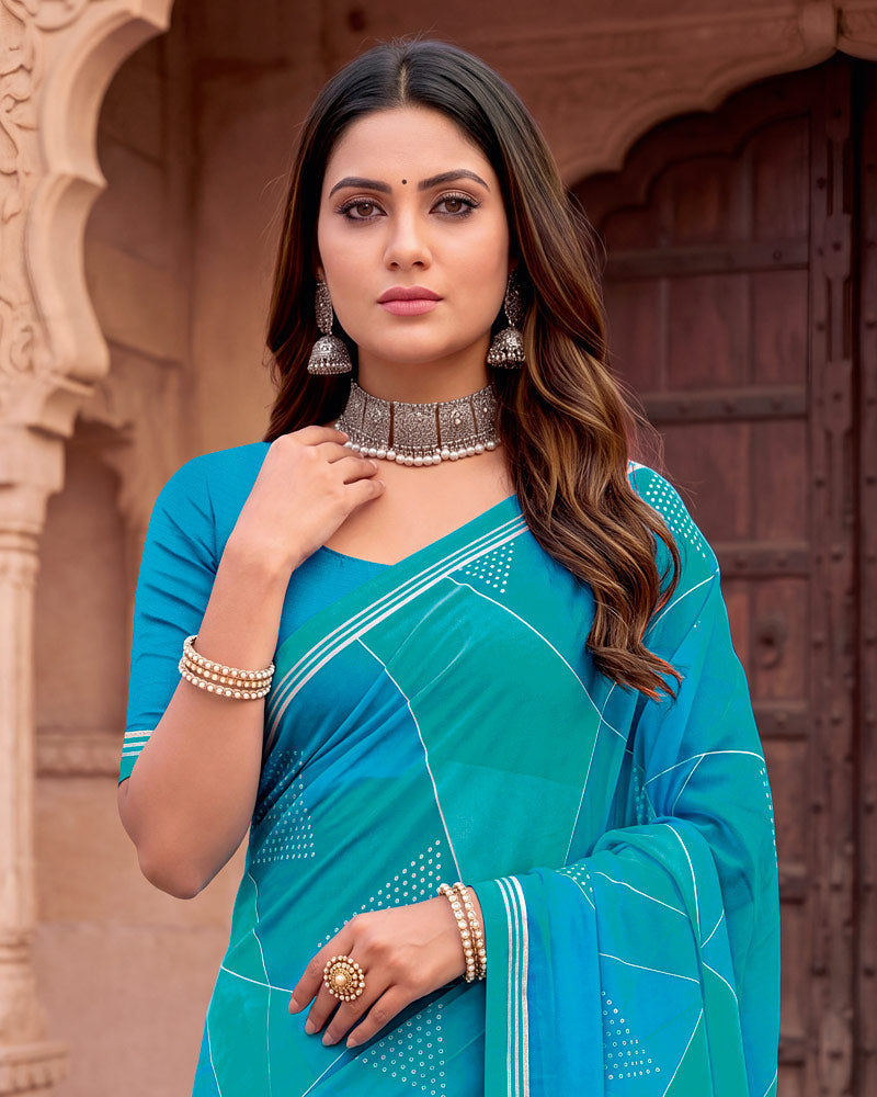 Vishal Prints Persian Green And Pacific Blue Printed Georgette Saree With Fancy Border