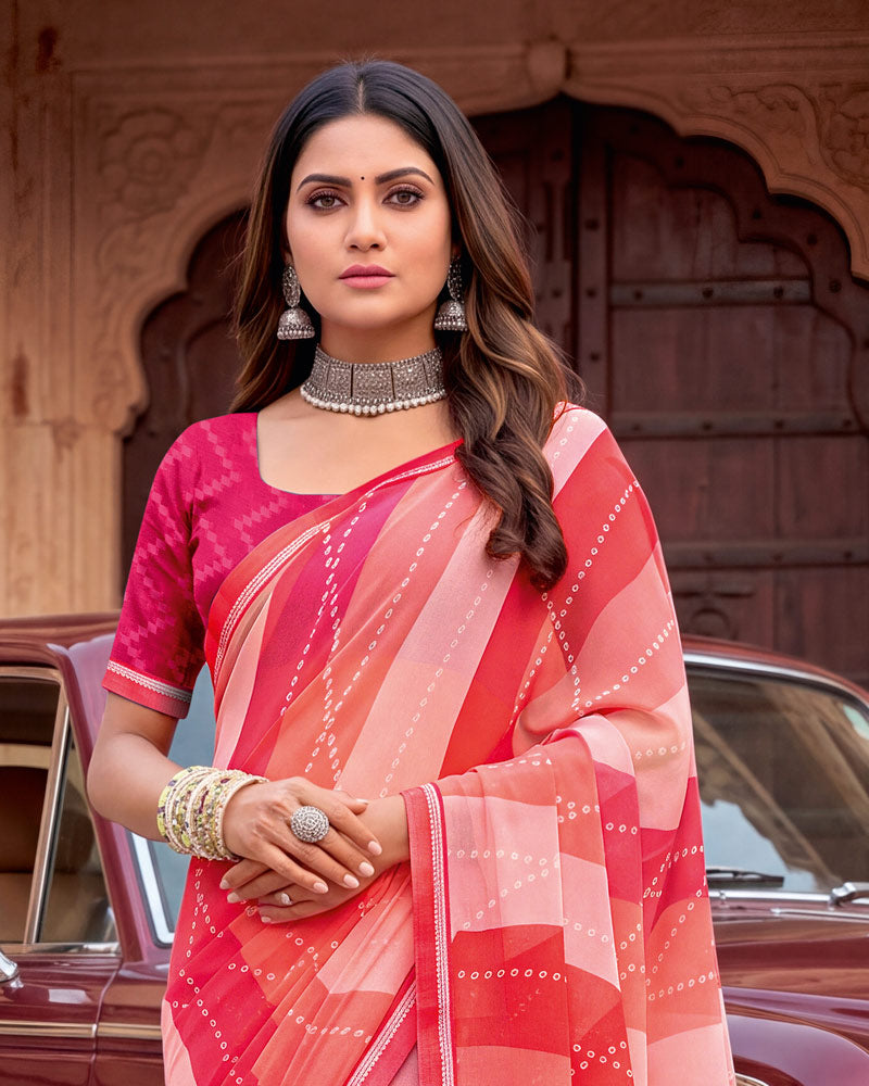 Vishal Prints Salmon And Coral Pink Printed Georgette Saree With Fancy Border