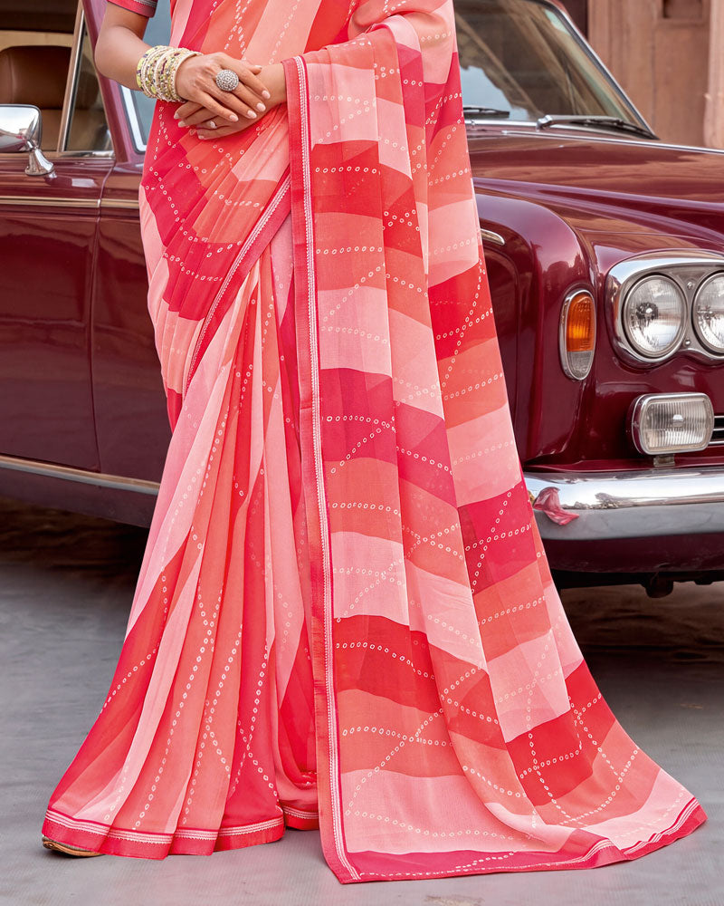 Vishal Prints Salmon And Coral Pink Printed Georgette Saree With Fancy Border