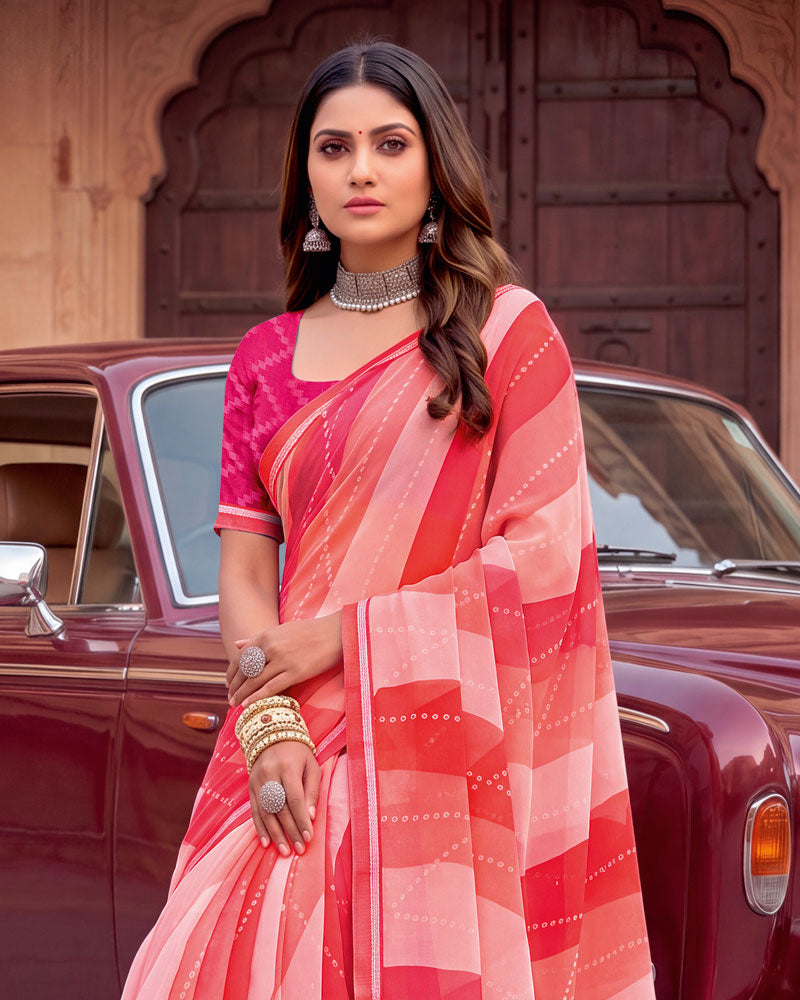 Vishal Prints Salmon And Coral Pink Printed Georgette Saree With Fancy Border