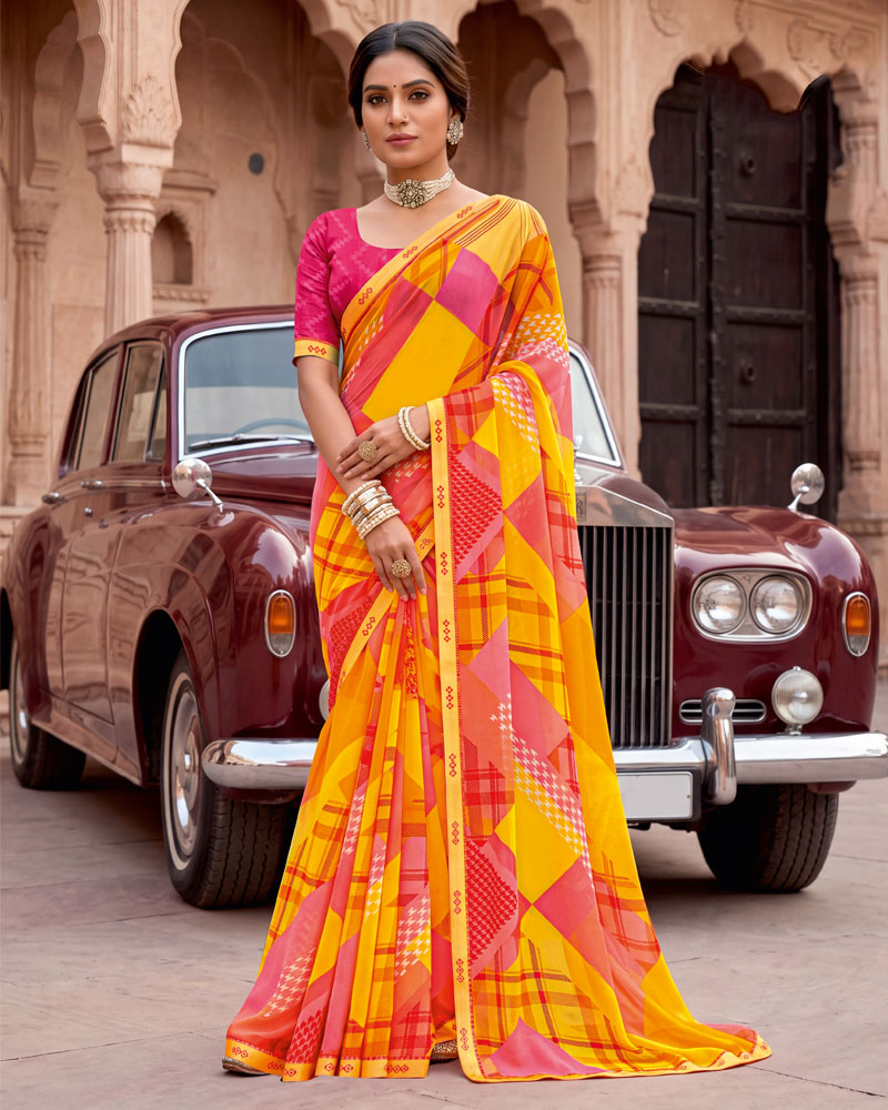 Vishal Prints Orange Yellow Printed Georgette Saree With Fancy Border
