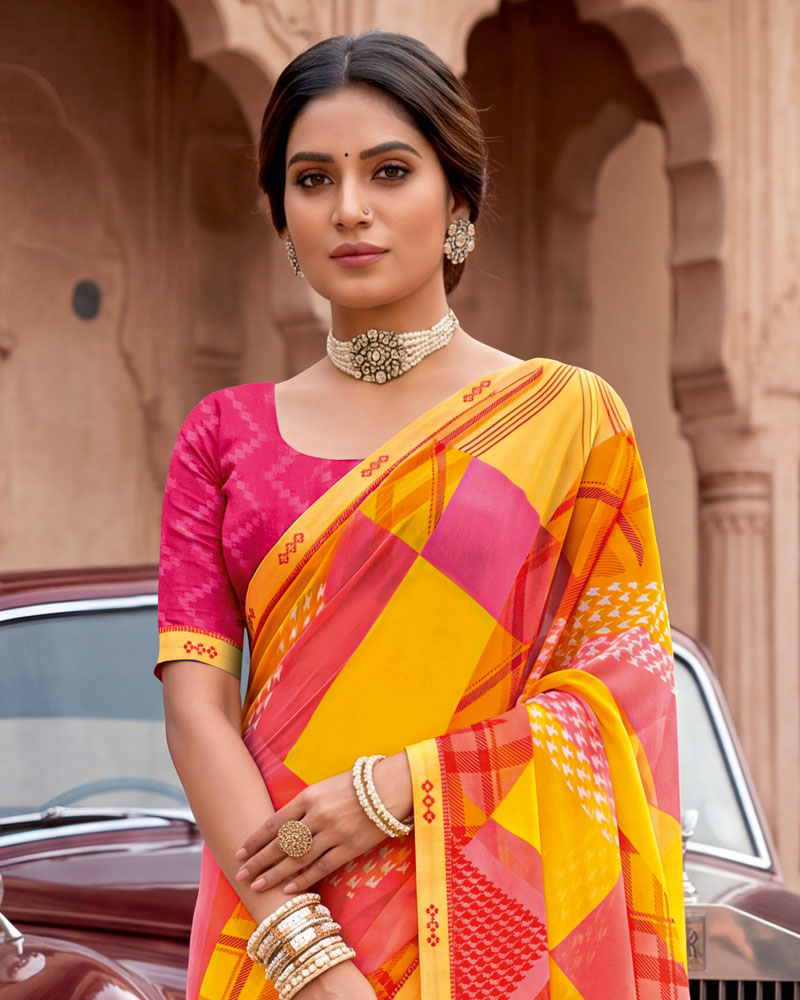 Vishal Prints Orange Yellow Printed Georgette Saree With Fancy Border
