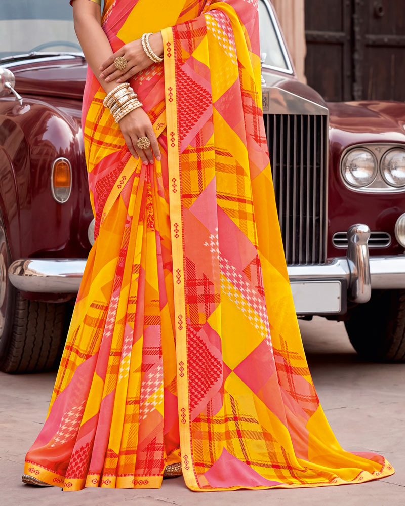 Vishal Prints Orange Yellow Printed Georgette Saree With Fancy Border