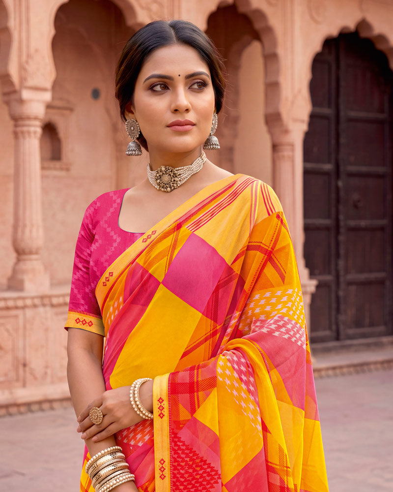 Vishal Prints Orange Yellow Printed Georgette Saree With Fancy Border