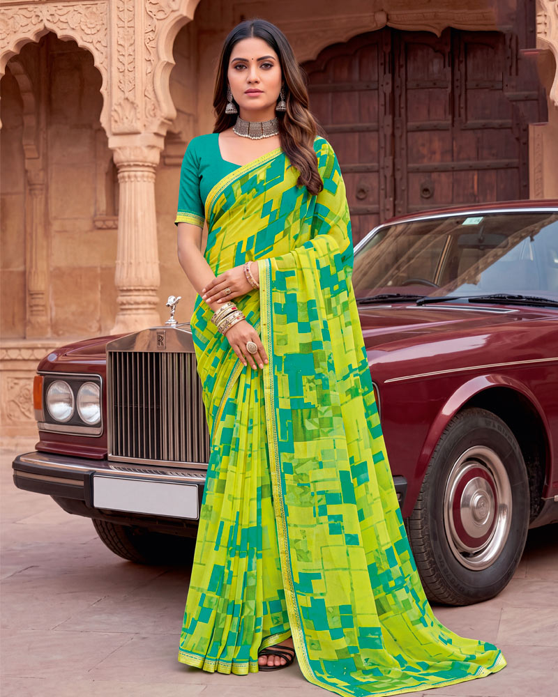 Vishal Prints Greenish Yellow Printed Georgette Saree With Fancy Border