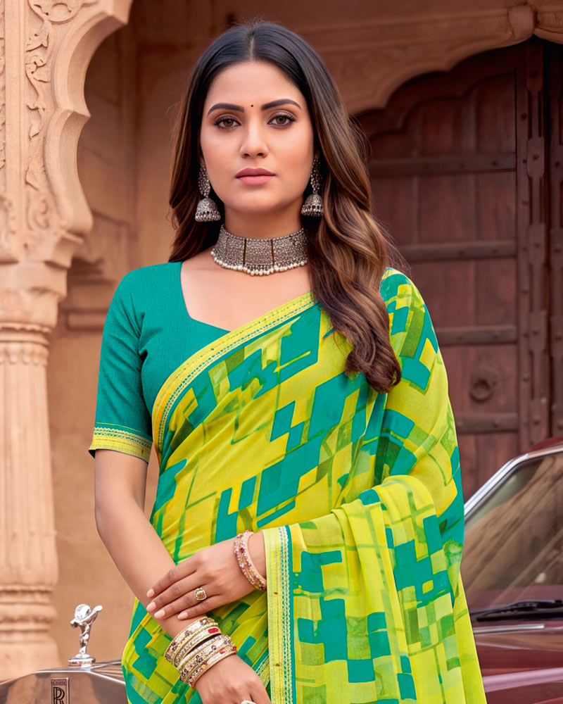 Vishal Prints Greenish Yellow Printed Georgette Saree With Fancy Border