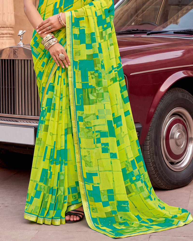 Vishal Prints Greenish Yellow Printed Georgette Saree With Fancy Border
