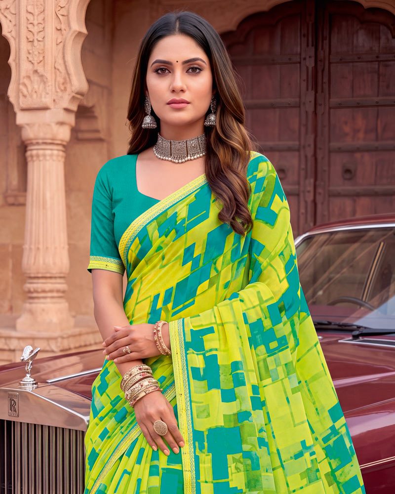 Vishal Prints Greenish Yellow Printed Georgette Saree With Fancy Border