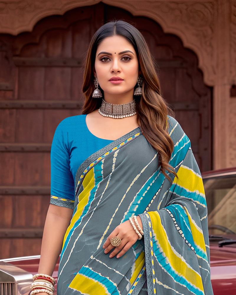 Vishal Prints Light Slate Grey Printed Georgette Saree With Fancy Border