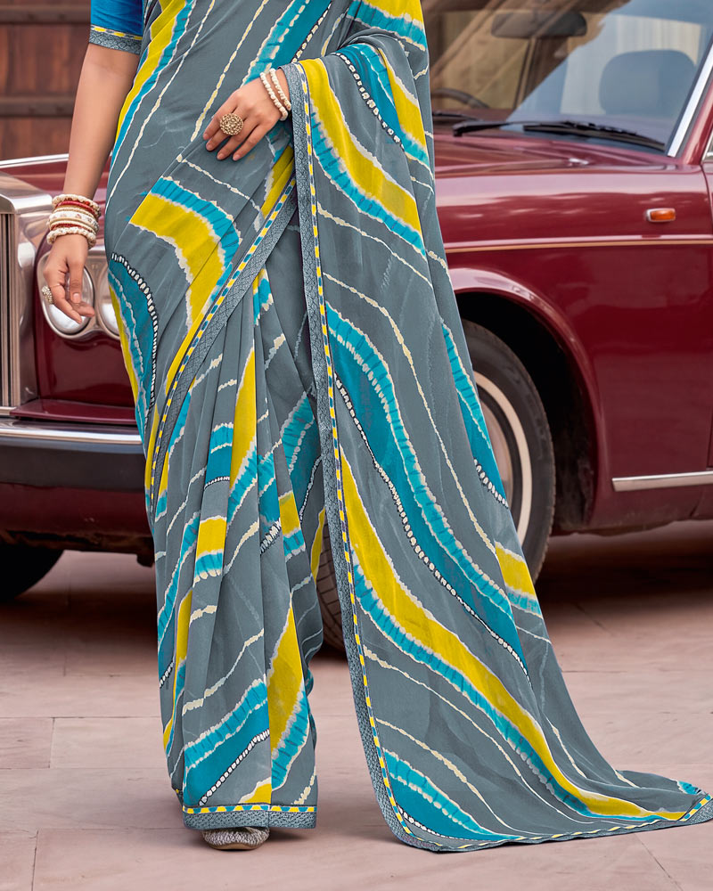 Vishal Prints Light Slate Grey Printed Georgette Saree With Fancy Border