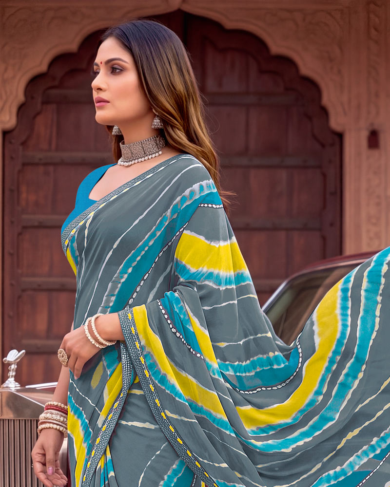 Vishal Prints Light Slate Grey Printed Georgette Saree With Fancy Border