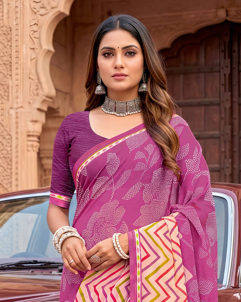 Vishal Prints Royal Fuchsia Printed Georgette Saree With Fancy Border