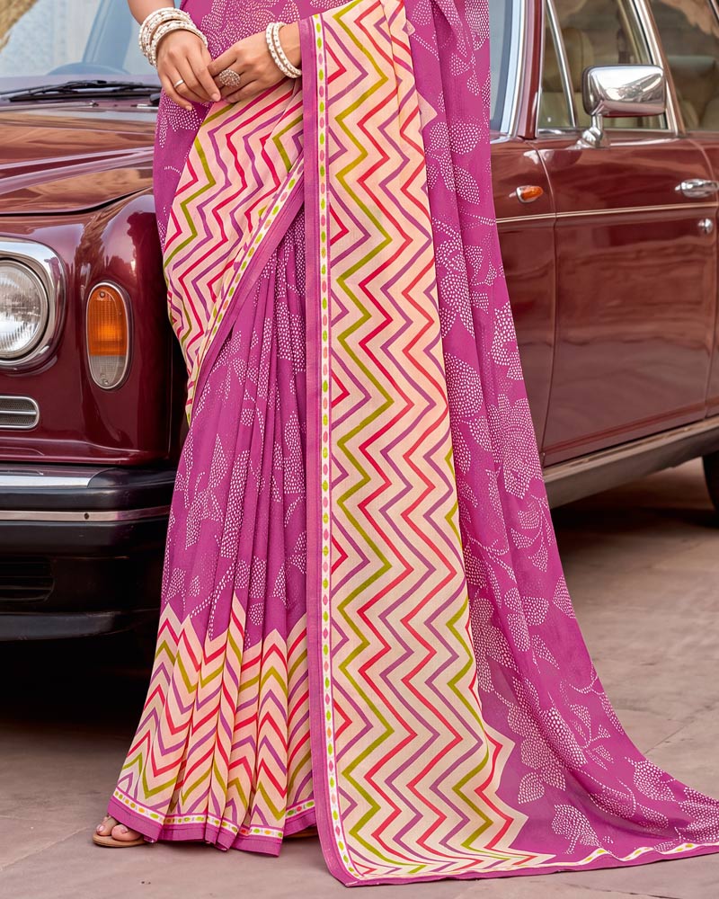 Vishal Prints Royal Fuchsia Printed Georgette Saree With Fancy Border