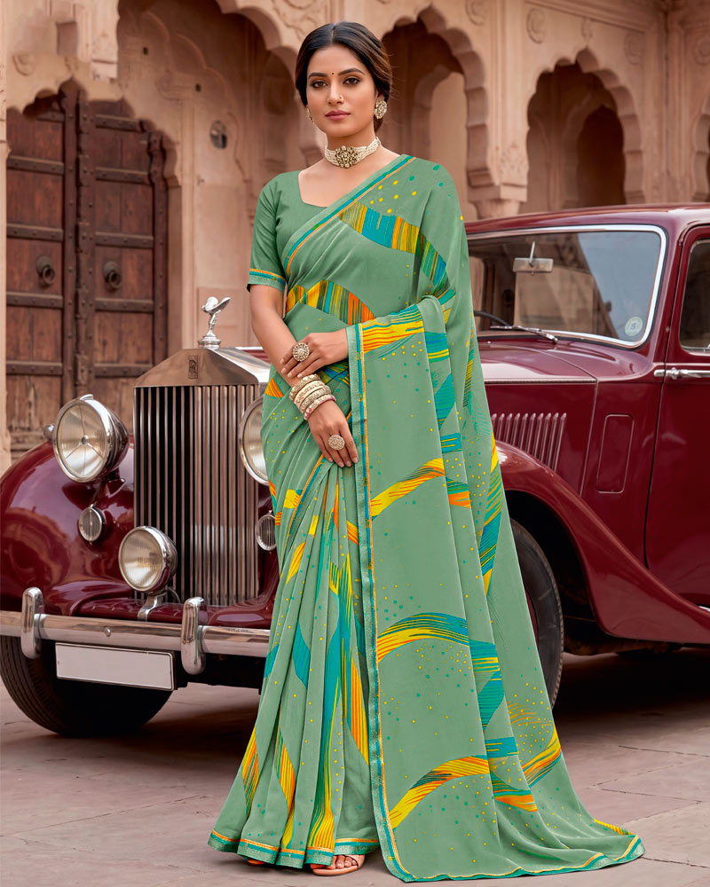 Vishal Prints Greyish Green Printed Georgette Saree With Fancy Border