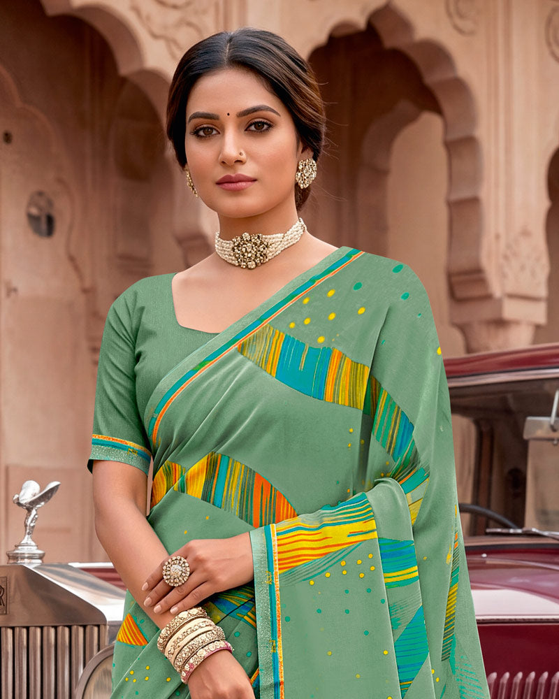 Vishal Prints Greyish Green Printed Georgette Saree With Fancy Border
