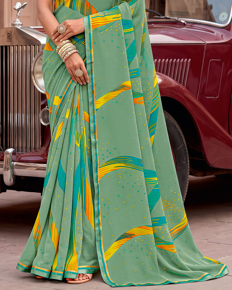 Vishal Prints Greyish Green Printed Georgette Saree With Fancy Border
