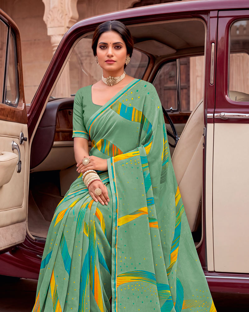 Vishal Prints Greyish Green Printed Georgette Saree With Fancy Border