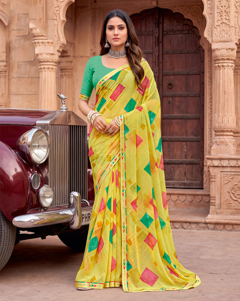 Vishal Prints Light Straw Yellow Printed Georgette Saree With Fancy Border