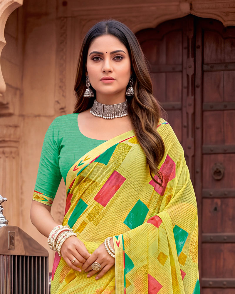 Vishal Prints Light Straw Yellow Printed Georgette Saree With Fancy Border