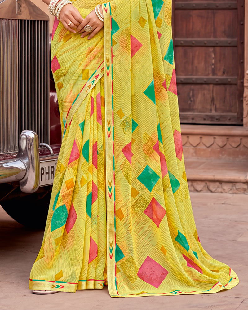 Vishal Prints Light Straw Yellow Printed Georgette Saree With Fancy Border