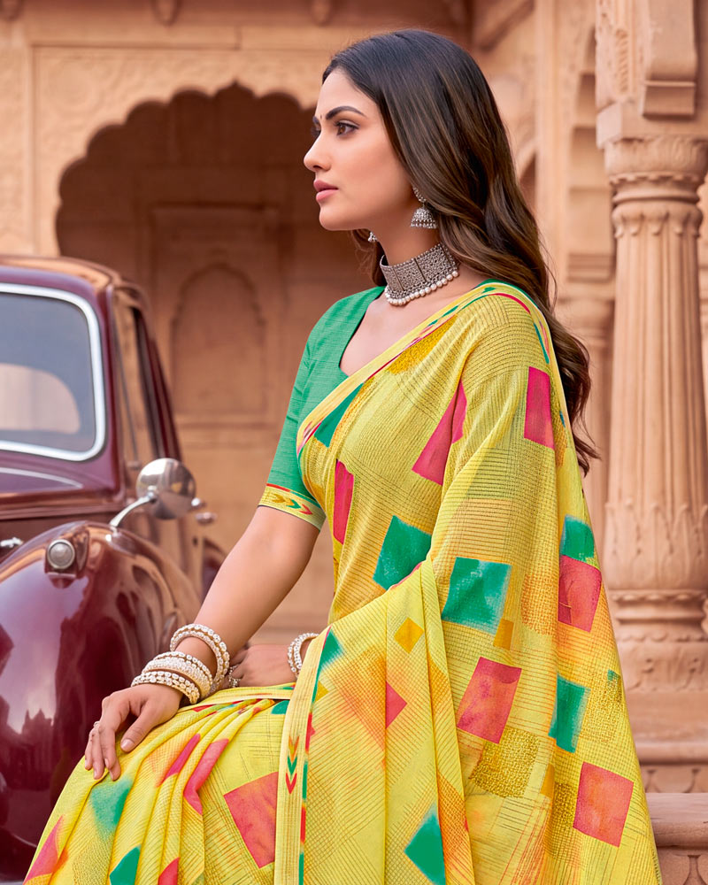 Vishal Prints Light Straw Yellow Printed Georgette Saree With Fancy Border