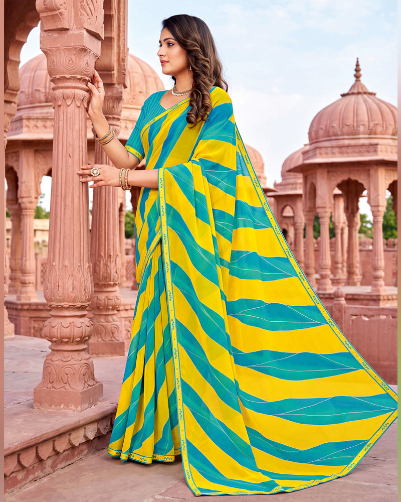 Vishal Prints Pacific Blue And Dark Yellow Printed Georgette Saree With Fancy Border