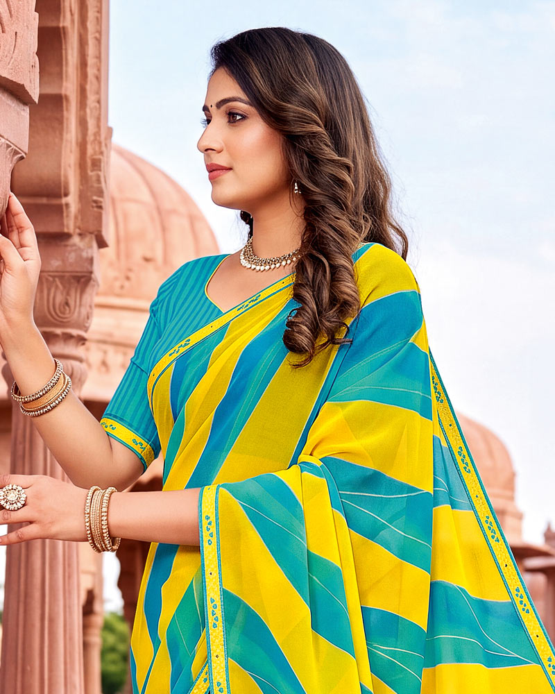 Vishal Prints Pacific Blue And Dark Yellow Printed Georgette Saree With Fancy Border