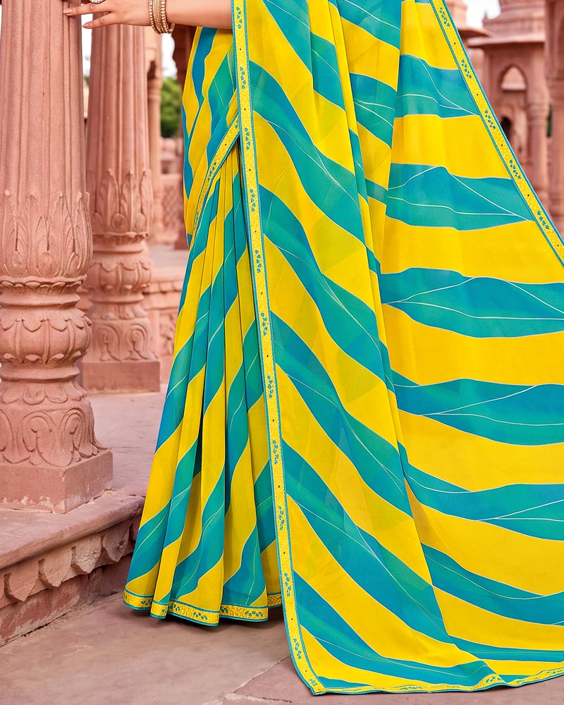 Vishal Prints Pacific Blue And Dark Yellow Printed Georgette Saree With Fancy Border